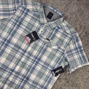 Wrangler ATG Shirt Mens 2XL Cedar Zip Pocket Short Sleeve Button Up Blue Plaid